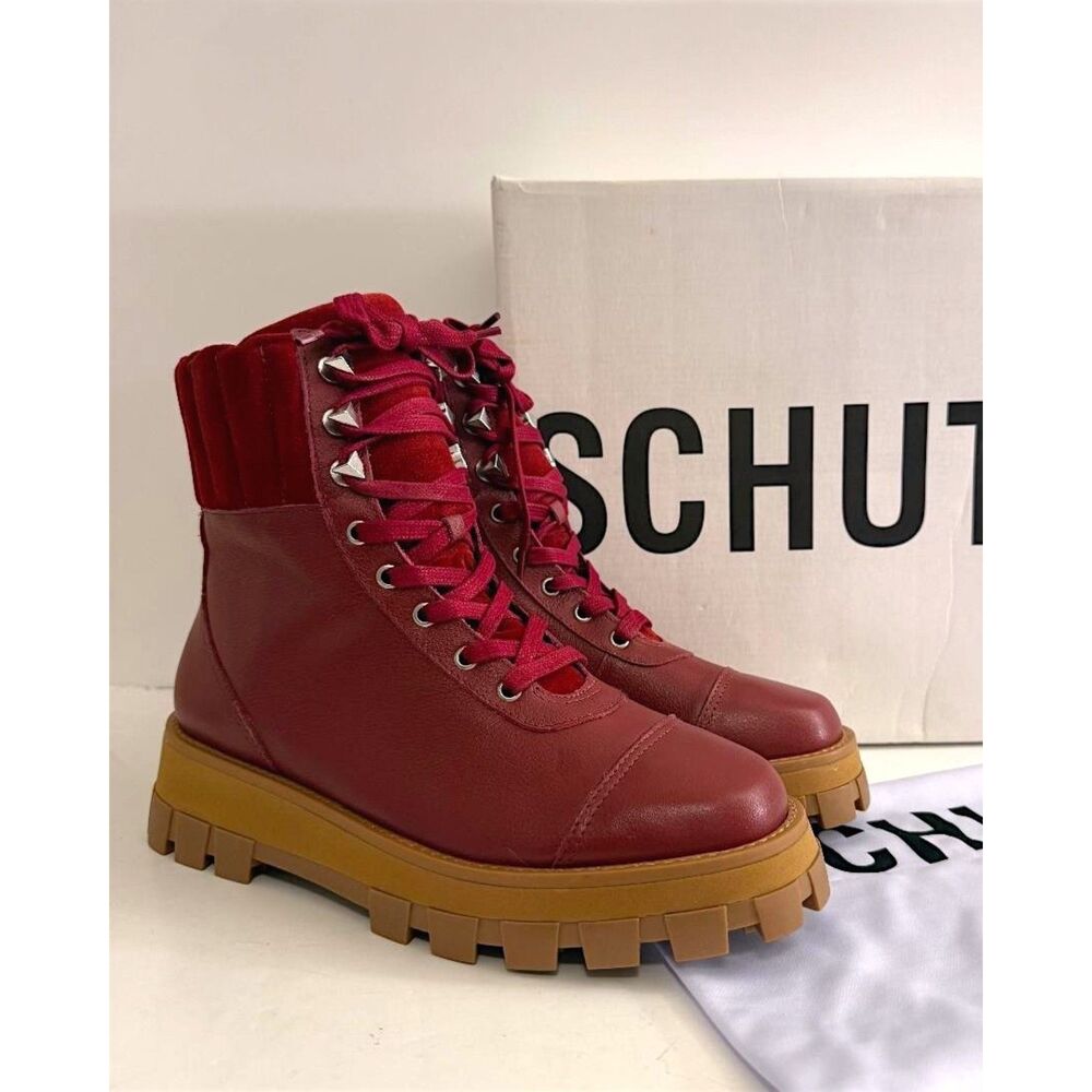 Schutz Red Leather Lace Up Hiker Boots - Sutton. New in Box! Size 8.5